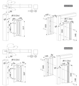 Schéma dimensions ventouse électromagnétique avec poignées pour profils de portes carrés ou non entre 40 et 80 mm